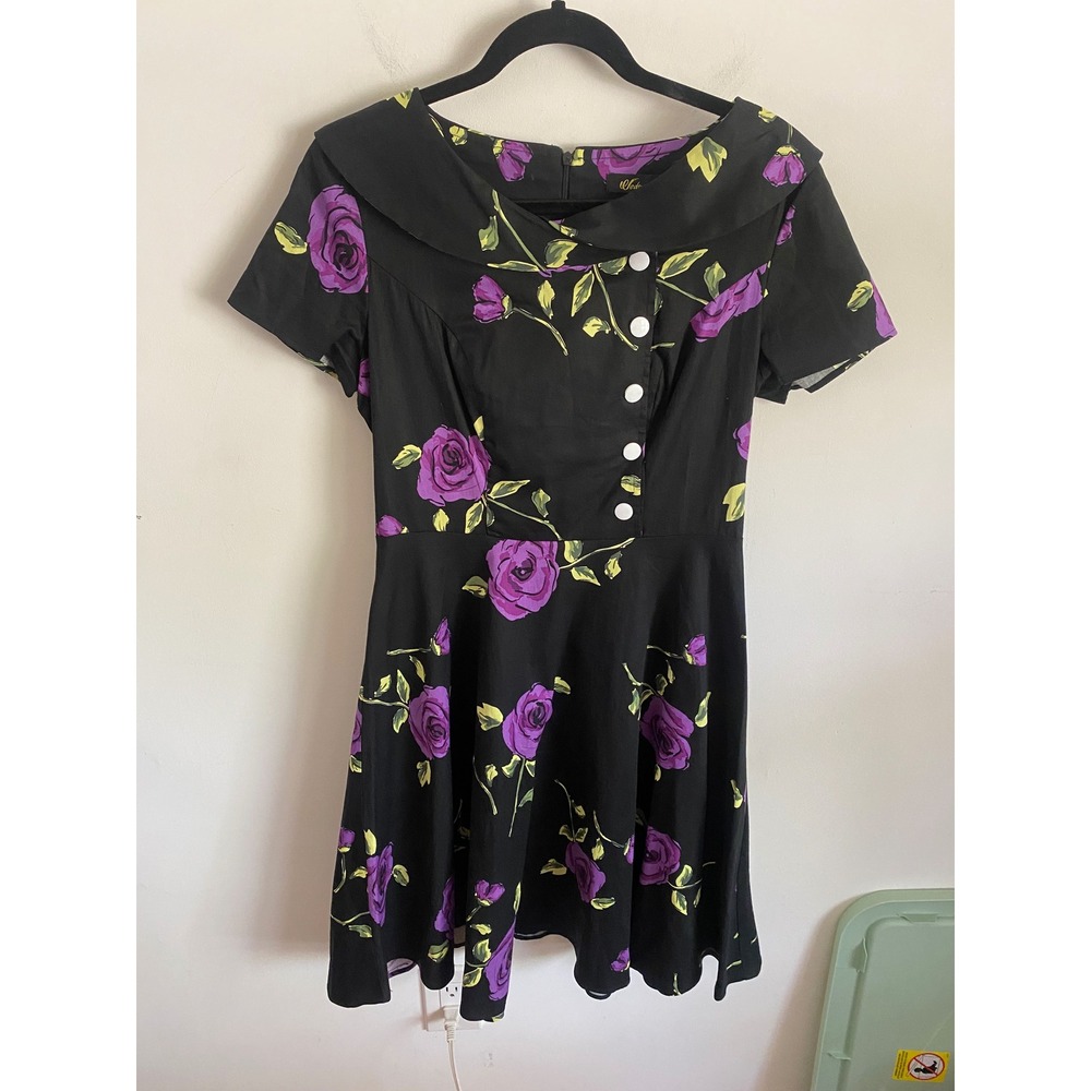 Wedtrend Women Black Purple Rose Floral Rockabilly‎ Fit Flare Dress Size M 50s